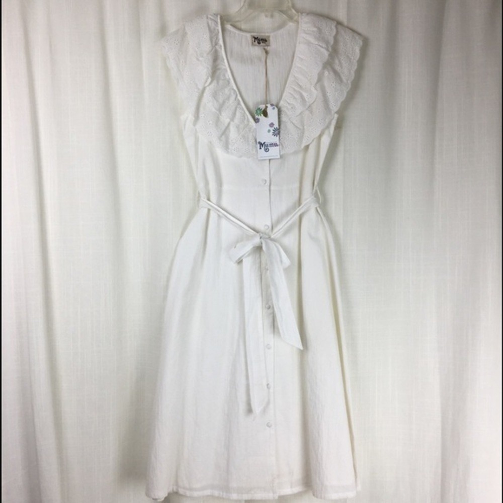 Show Me Your Mumu Midi Dress White Ruffle Belted Small Cottagecore Spring NWT